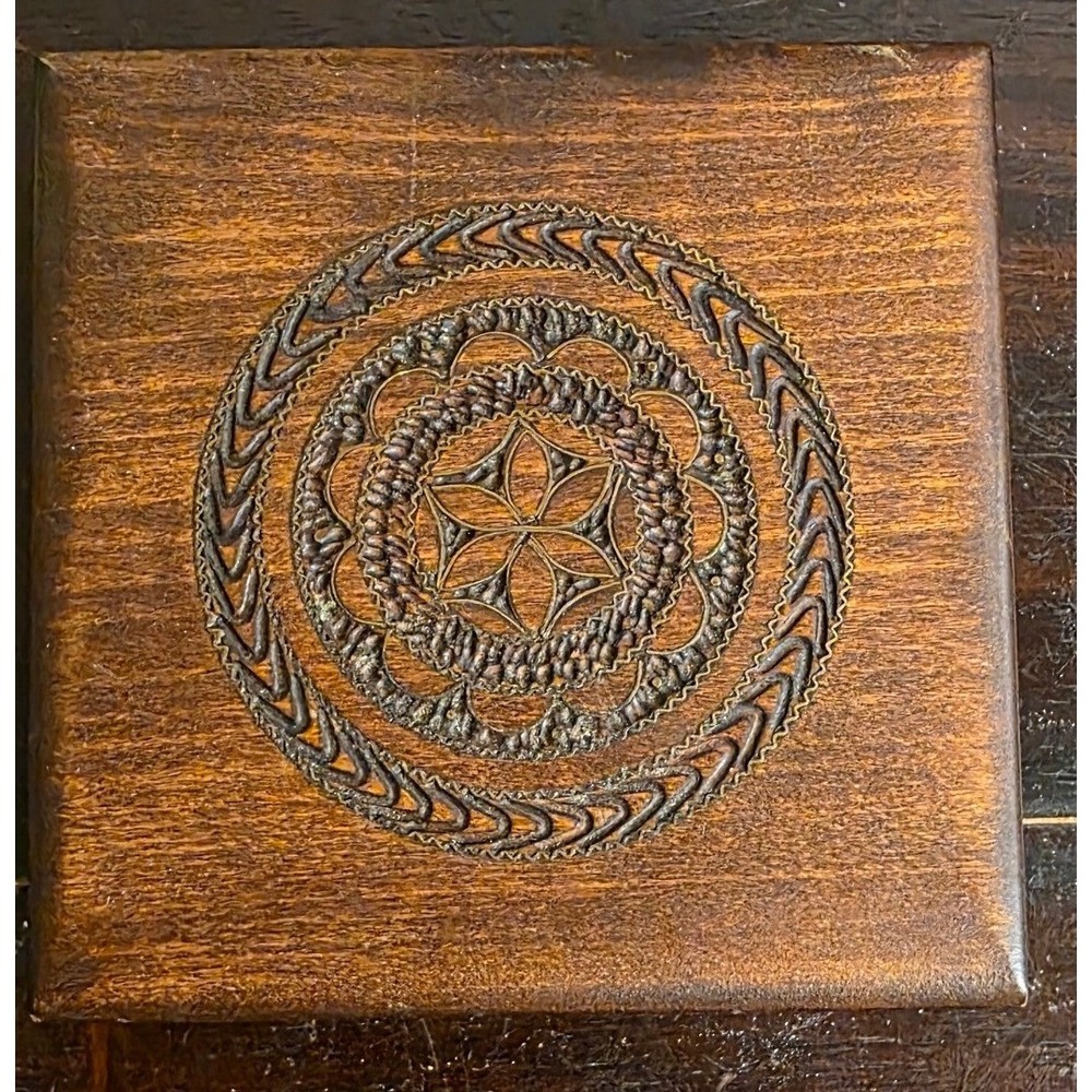 Trinket Box Carved Wood Brass Inlay Hinged Square Brown